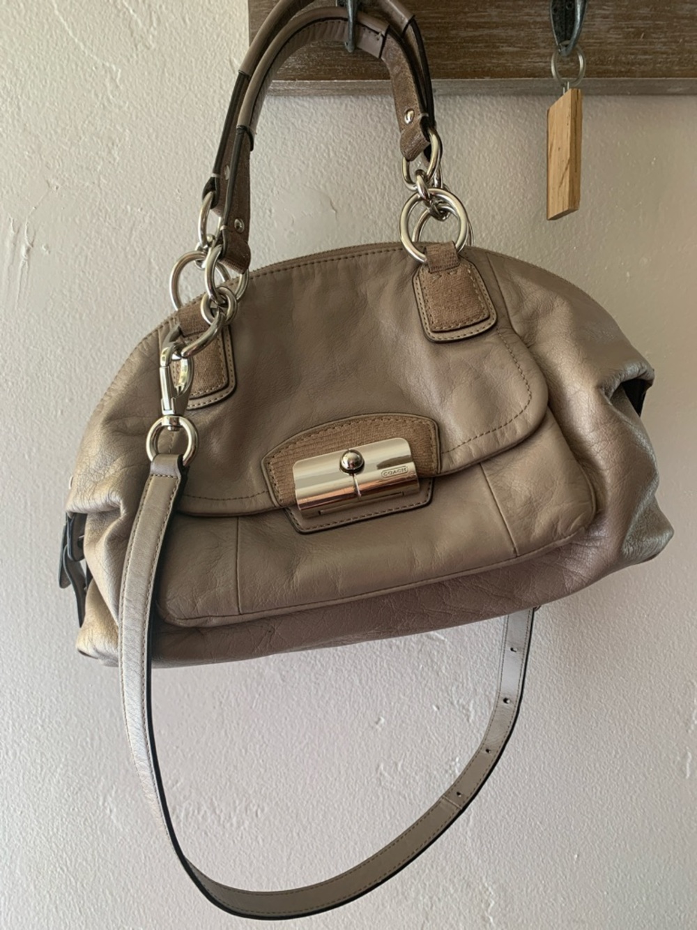 Coach Taupe Leather Shoulder Bag with Silver Hardware